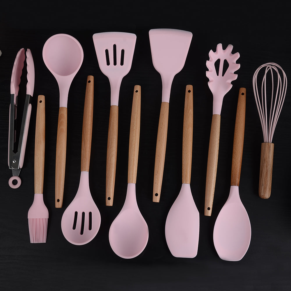 12-Piece Silicone Kitchen Set - Wooden Handles, Scratch-Resistant Baking Tools in Nylon Case, Perfect Home Kitchenware