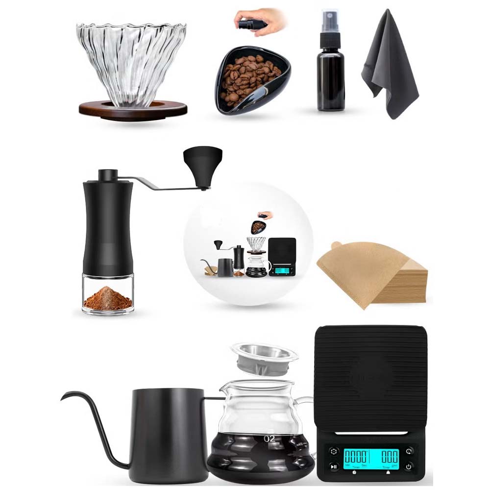 DX-2573 12-PC Pour Over Coffee Kit - Complete Set with Wooden Dripper & Travel Bag, Perfect Gift for Coffee Lovers