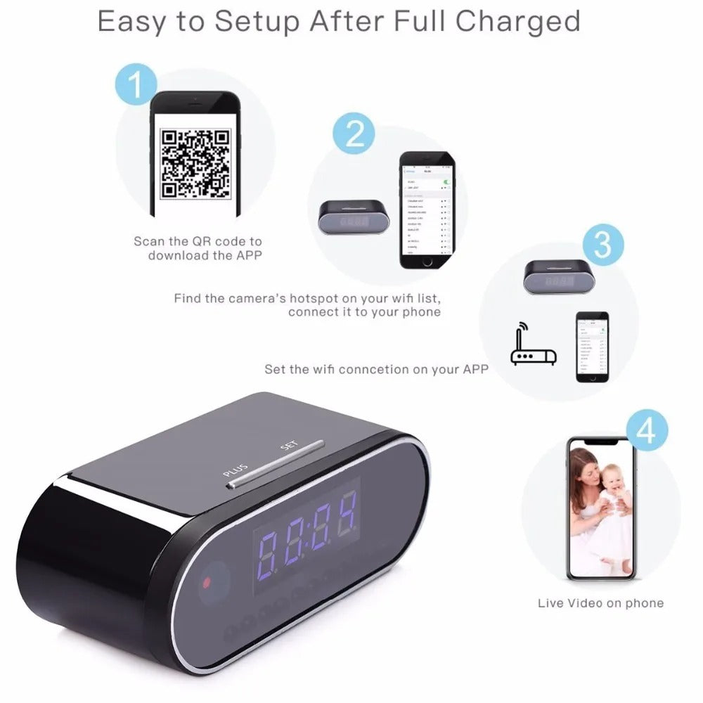 Wireless WiFi Table Clock – 1080P HD Mini Camera with Alarm, IR Night Vision, and Home Security DVR