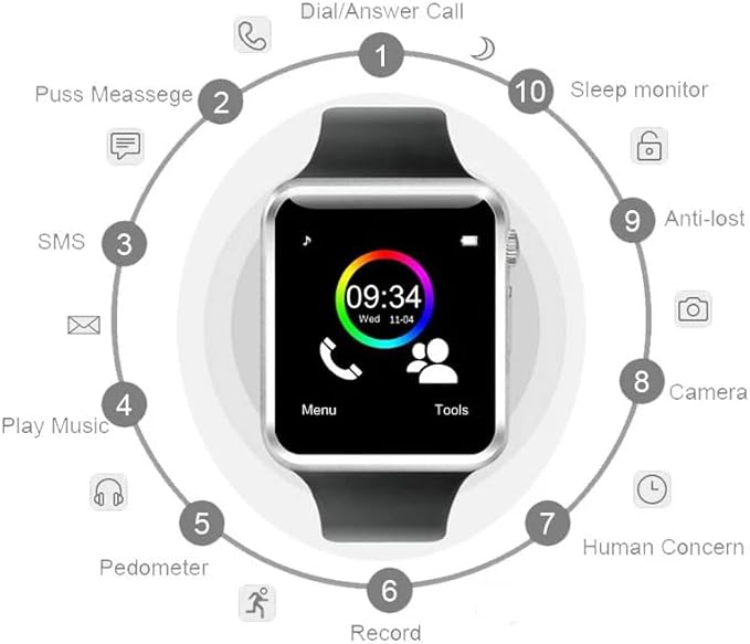 A1 Bluetooth Smart Watch - Fitness Tracker with Pedometer, SIM Card Slot & Camera | Android Sports Bracelet with Call, Message Alerts, and Health Tracking | All-in-One Smart Wrist Companion for Daily Use