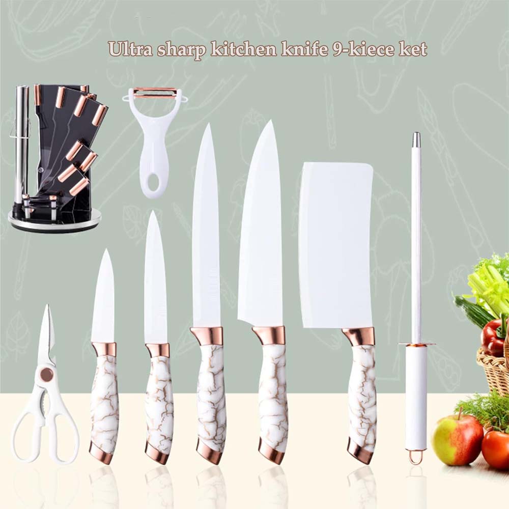 9-Piece White Kitchen Knife Set Ultra-sharp non-stick blades with cracked handle design & acrylic stand. Perfect gift set.