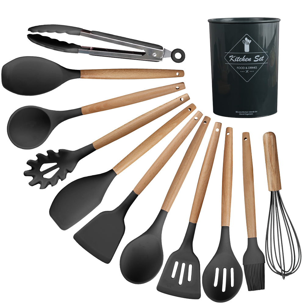 12-Piece Silicone Kitchen Set - Wooden Handles, Scratch-Resistant Baking Tools in Nylon Case, Perfect Home Kitchenware