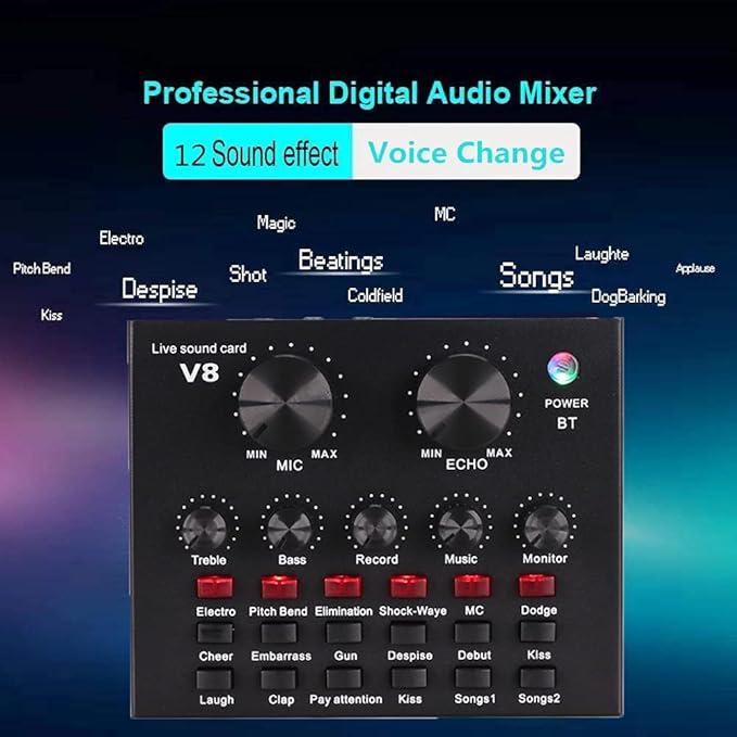 V8 Sound Card for Live Streaming | Voice Changer Sound Card with Effects | Bluetooth Audio Mixer for Music Recording, Karaoke, Podcasting | 1200mAh Battery for Cell Phone, iPhone, PC, Type-C
