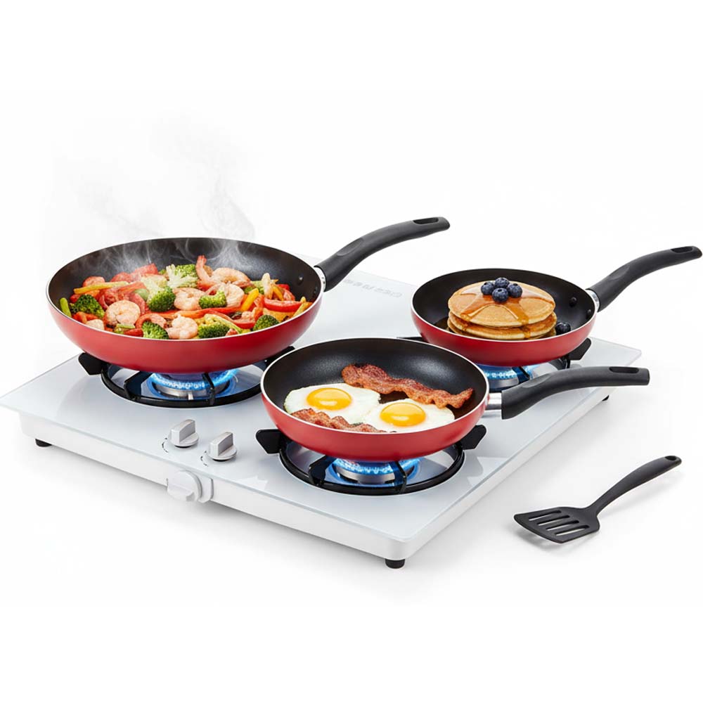 OE-017 4-Piece Red Non-Stick Frying Pan Set. 3 aluminum pans & spatula in 20cm, 24cm, 26cm. Dishwasher-safe.