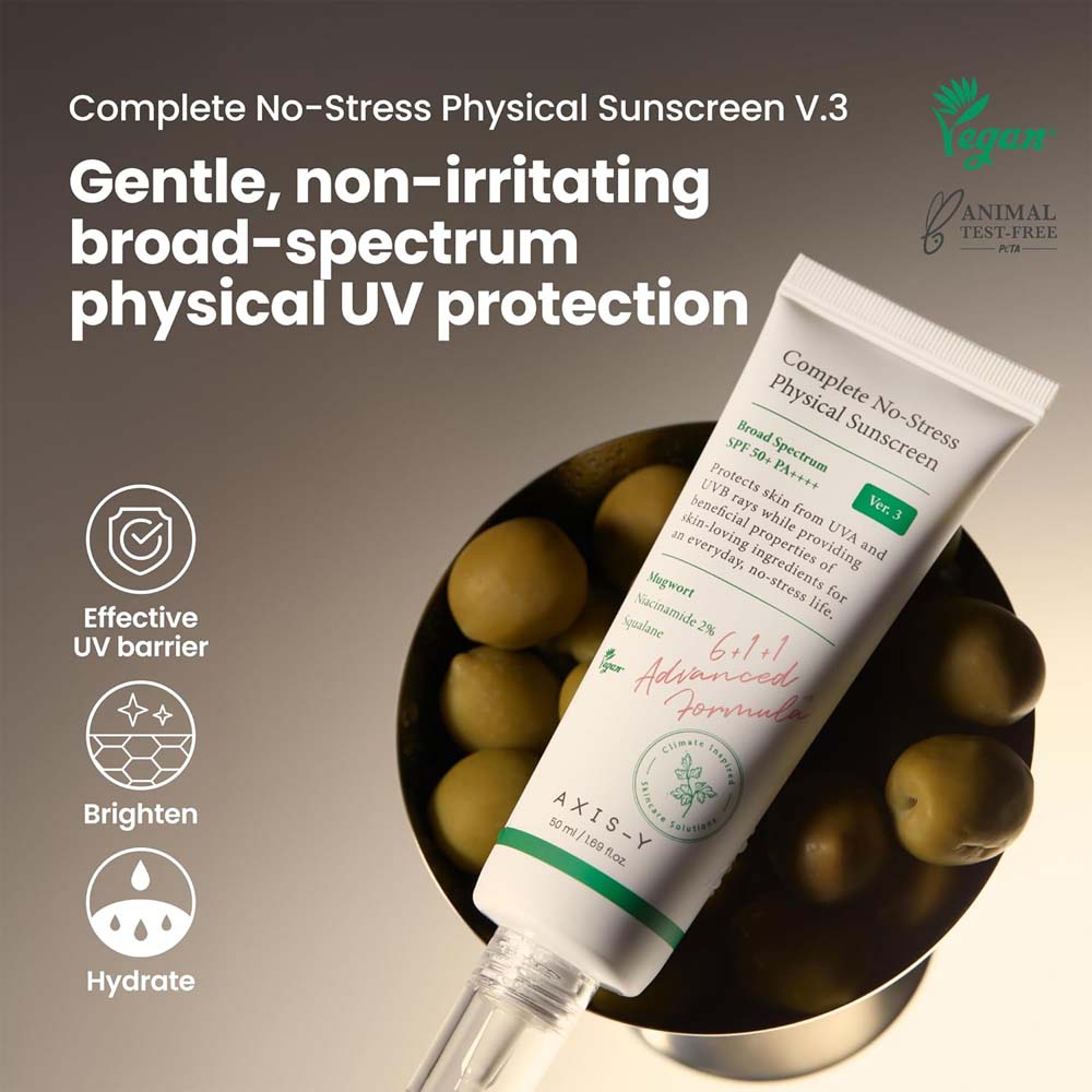 AXIS-Y No-Stress Physical Sunscreen V3. SPF 50 mineral sunblock with Niacinamide for sensitive, acne-prone skin. Vegan Korean skincare.