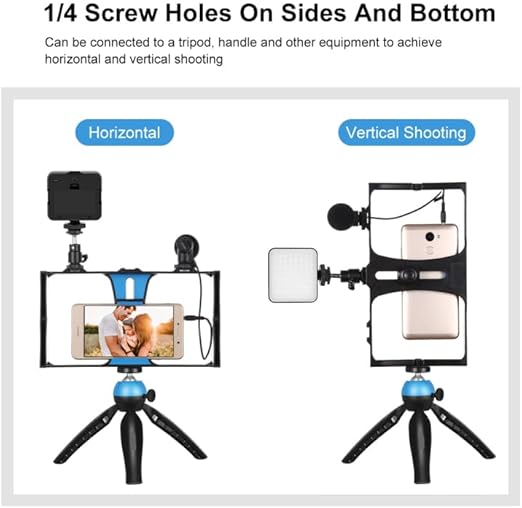 4-in-1 Vlogging Live Broadcast LED Selfie Fill Light Kit – Smartphone Video Rig with Microphone, Tripod Mount, and Cold Shoe Tripod Head - Blue