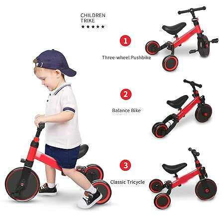 3-in-1 Kids Tricycle Toddler Bike | 3-Wheel Kids Trike for Boys & Girls with Adjustable Seat, Handlebar, and Removable Pedals (Red)