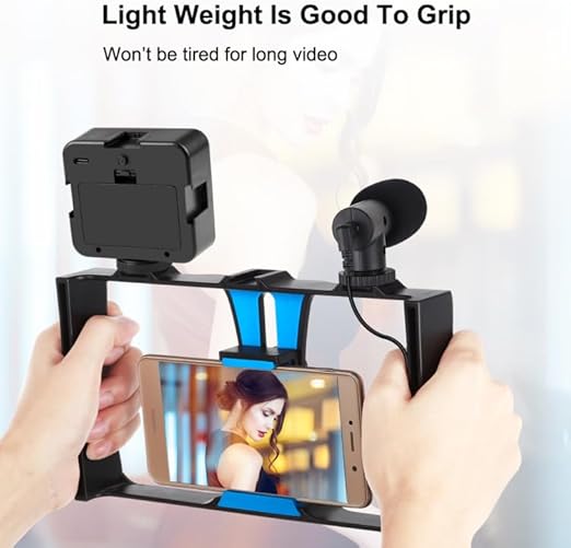 4-in-1 Vlogging Live Broadcast LED Selfie Fill Light Kit – Smartphone Video Rig with Microphone, Tripod Mount, and Cold Shoe Tripod Head - Blue