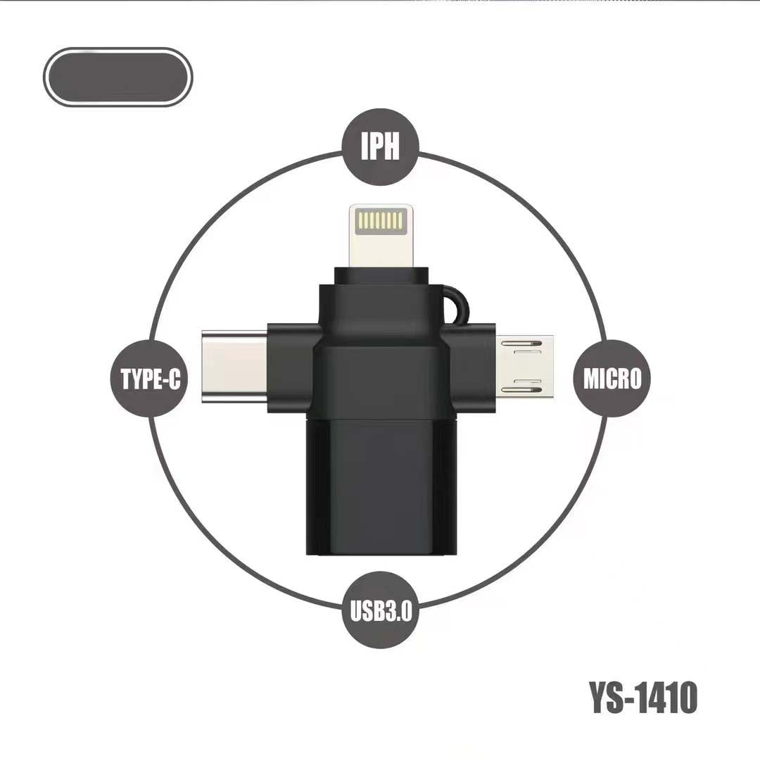 YS-1410 3-in-1 OTG Adapter - USB 3.0, SD/TF Card Reader & Charging Port for Smartphones, Tablets & Laptops