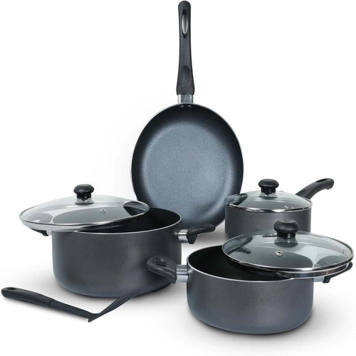10-Piece Nonstick Cookware Set - Aluminum, Glass Lids, Casserole, Saucepan, Frypan, Nylon Turner, Dishwasher Safe (Black)