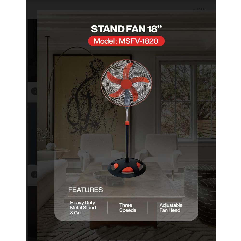 MSFV-1820 18" Luxury Stand Fan - 5-Speed Remote Control, Ultra-Quiet 25dB, Adjustable Height for Home/Office