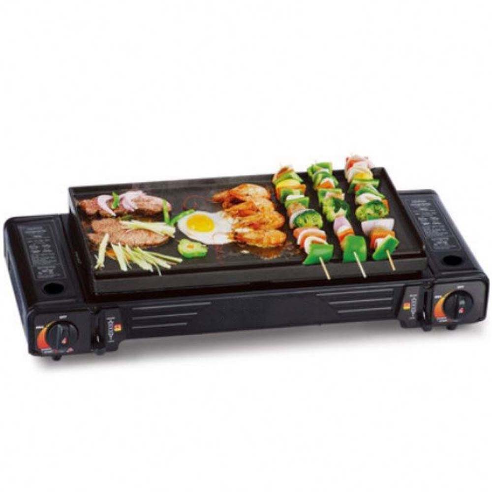 Portable Double Burner Card Stove. Windproof butane camp stove with 3-second ignition for fast outdoor cooking. Compact design.