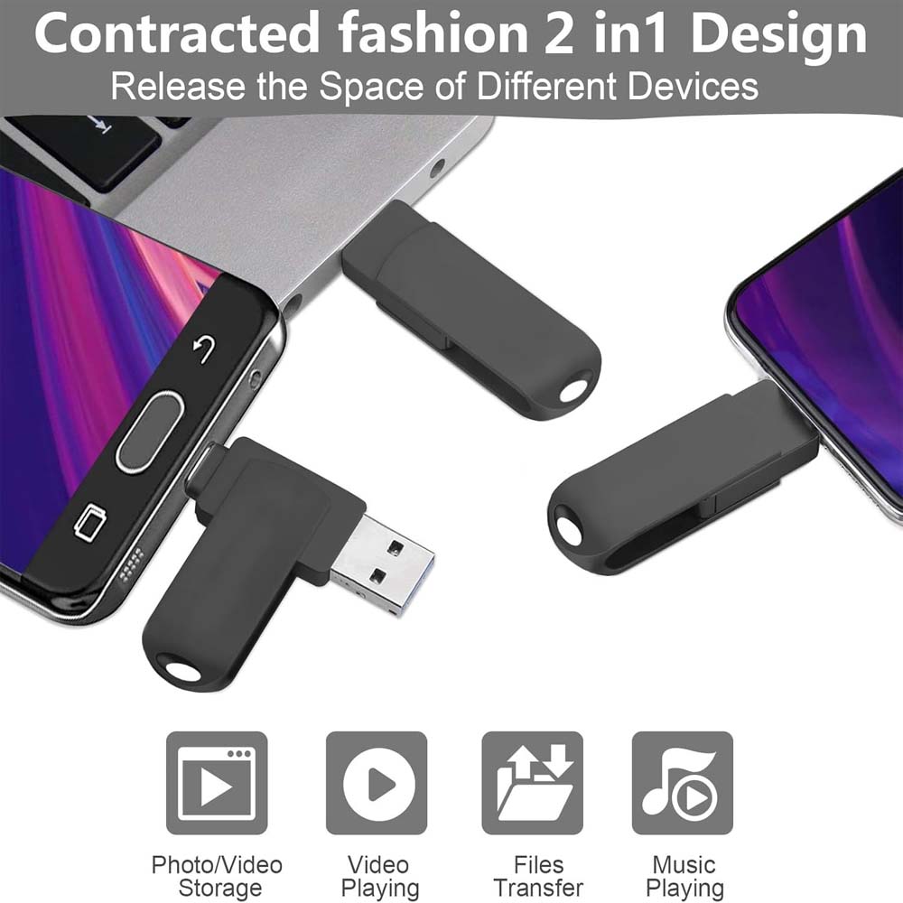 64GB USB-C Flash Drive - 170MB/s High-Speed Dual-Port Memory Stick for Android Phones, Tablets, PCs & Mac (Black)