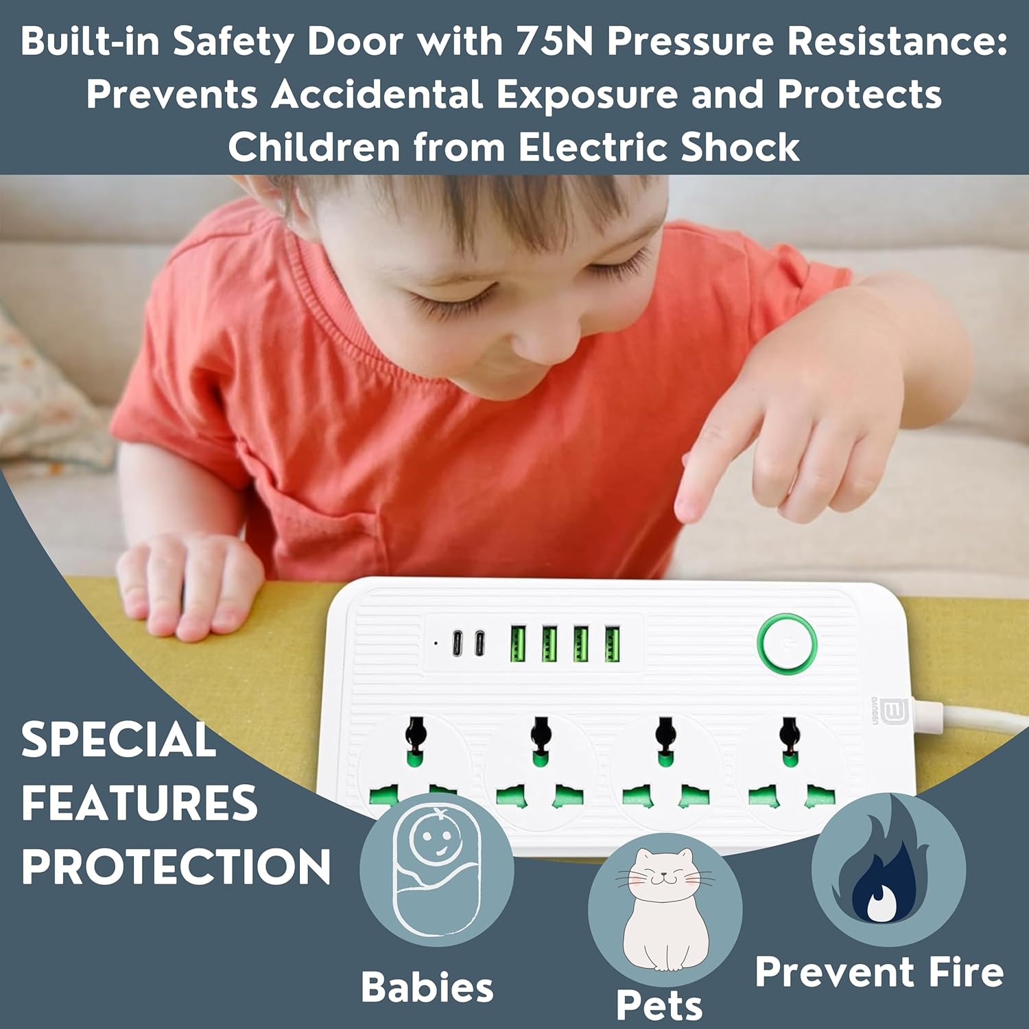 Multi-Plug Universal Extension Cord with 4 USB Ports, 4 Outlets, 2 Type-C Ports, Surge Protector, 10A UK Plug, 3M Power Extension Cable for Home & Office