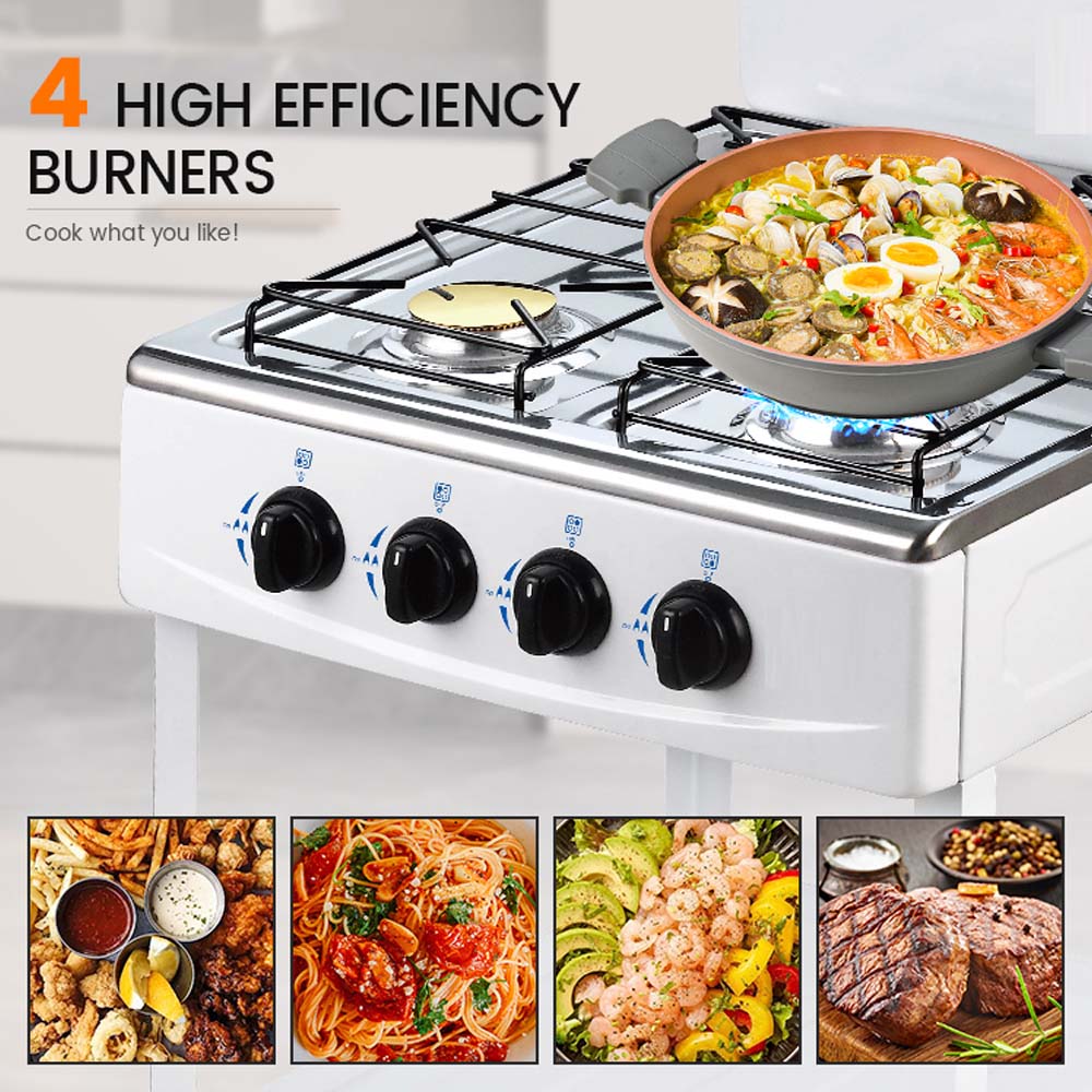 4-Burner Stainless Steel Gas Stove - Self-Ignition, Perfect for Home & Camping, Durable & Efficient White Design