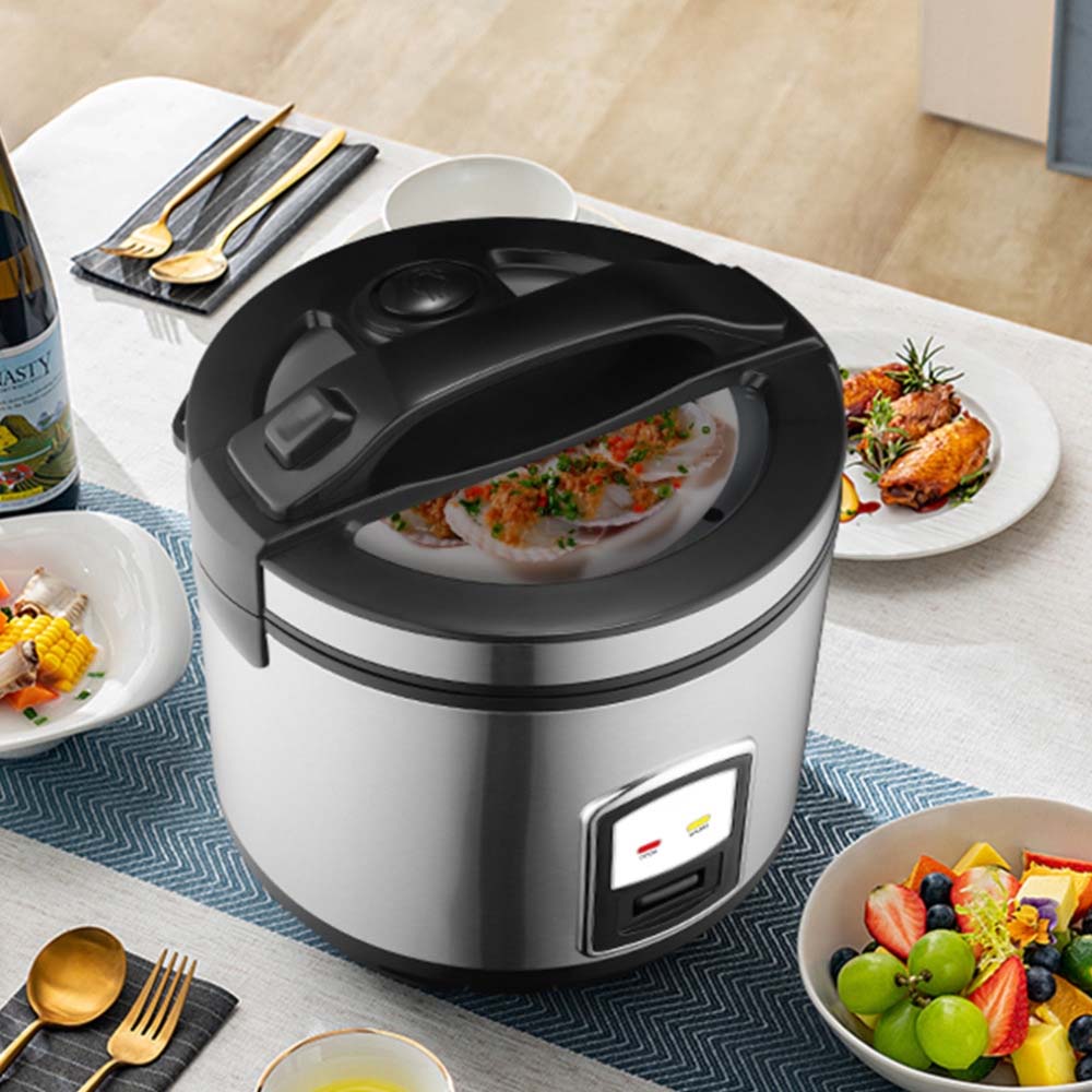 OE-400 2-Liter Mixed Rice Cooker. 2-in-1 rice cooker & steamer with non-stick pot, Cook/Warm functions. Silver & black.
