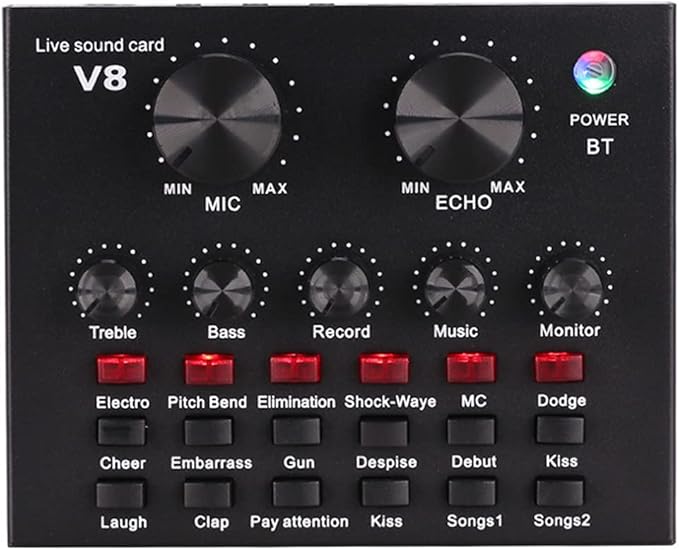 V8 Sound Card for Live Streaming | Voice Changer Sound Card with Effects | Bluetooth Audio Mixer for Music Recording, Karaoke, Podcasting | 1200mAh Battery for Cell Phone, iPhone, PC, Type-C