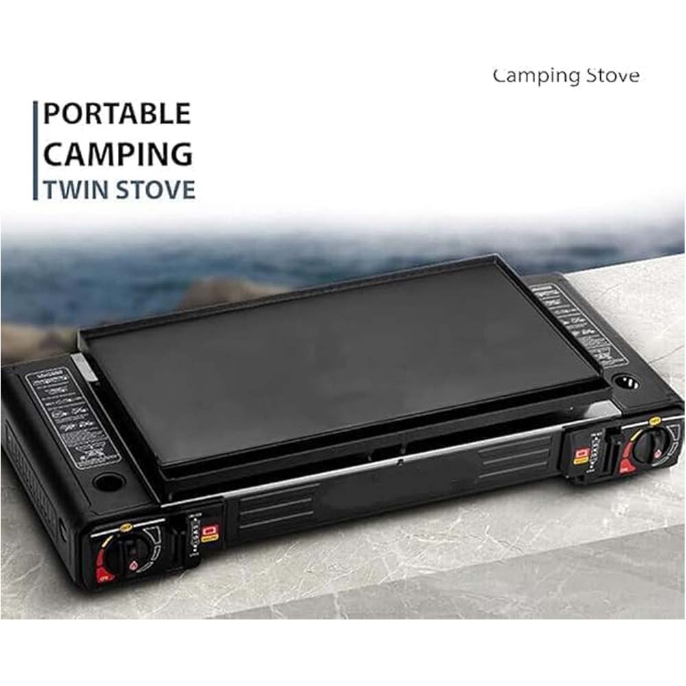 Portable Double Burner Card Stove. Windproof butane camp stove with 3-second ignition for fast outdoor cooking. Compact design.