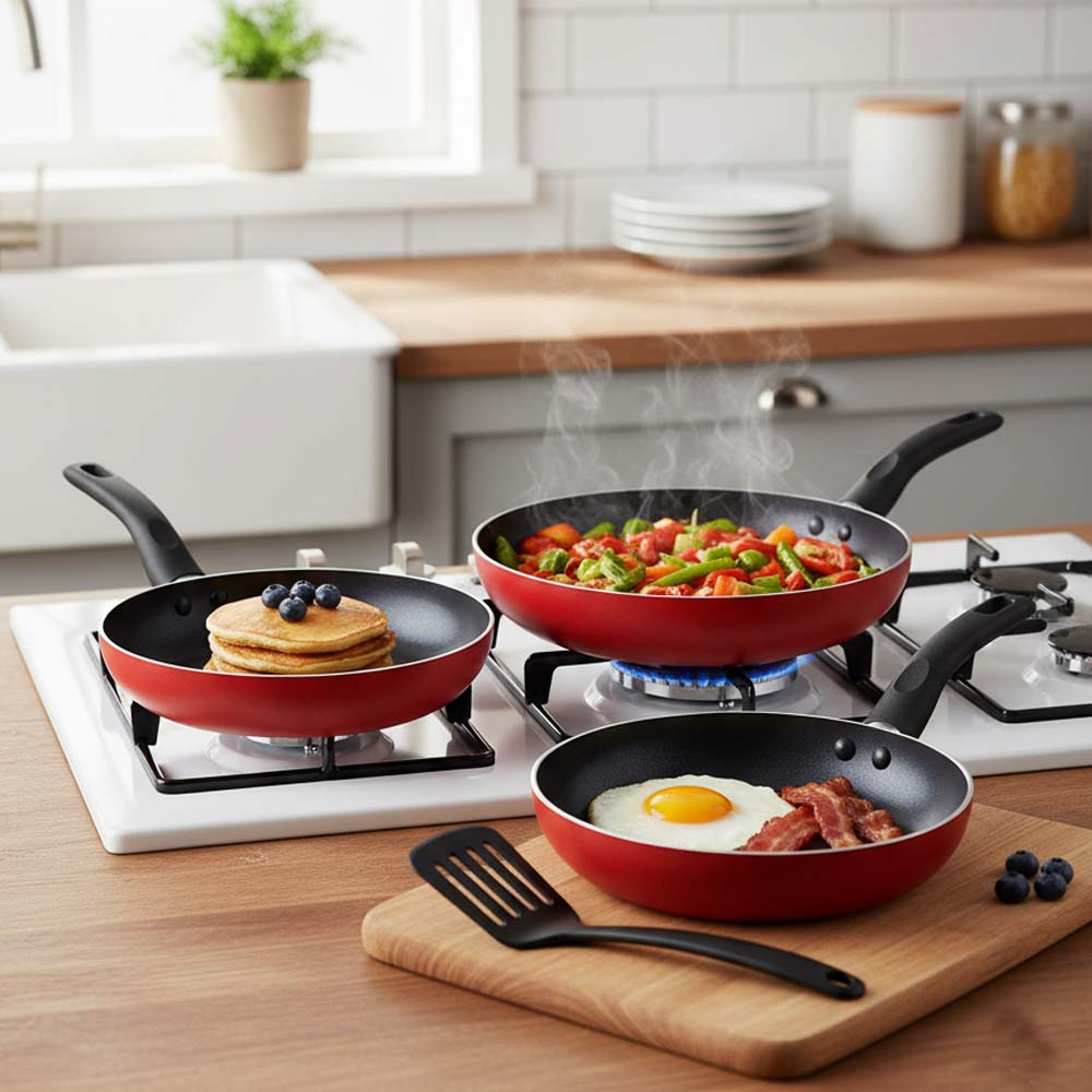 OE-017 4-Piece Red Non-Stick Frying Pan Set. 3 aluminum pans & spatula in 20cm, 24cm, 26cm. Dishwasher-safe.