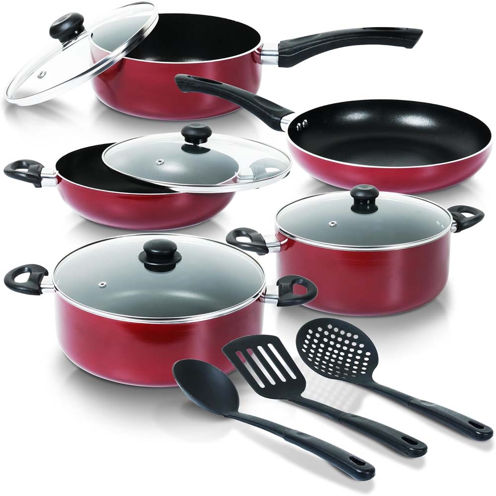 9-Piece Non-Stick Cookware Set - Cast Aluminum Casserole, Kadai, Frypan, Milkpan with Glass Lids & Nylon Spatulas, Heat-Resistant
