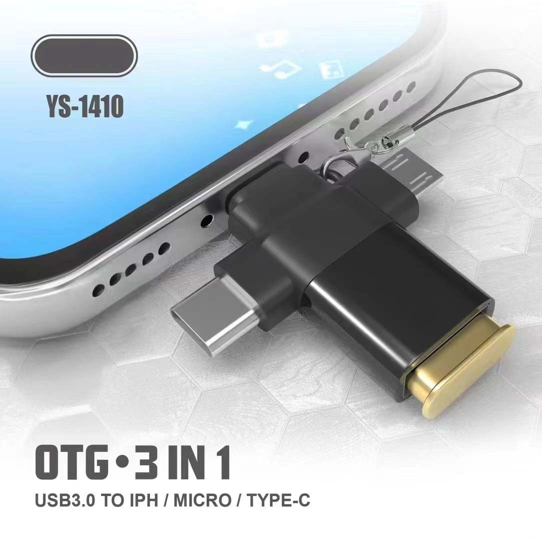 YS-1410 3-in-1 OTG Adapter - USB 3.0, SD/TF Card Reader & Charging Port for Smartphones, Tablets & Laptops