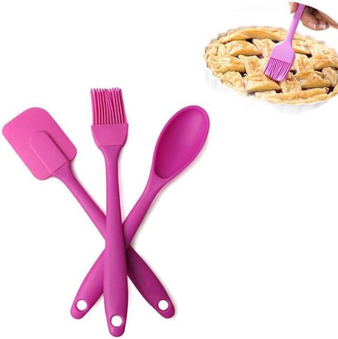 3 Piece Silicone Spatula Spoon & Brush Cooking Utensil Set | Heat Resistant for Baking & Cooking