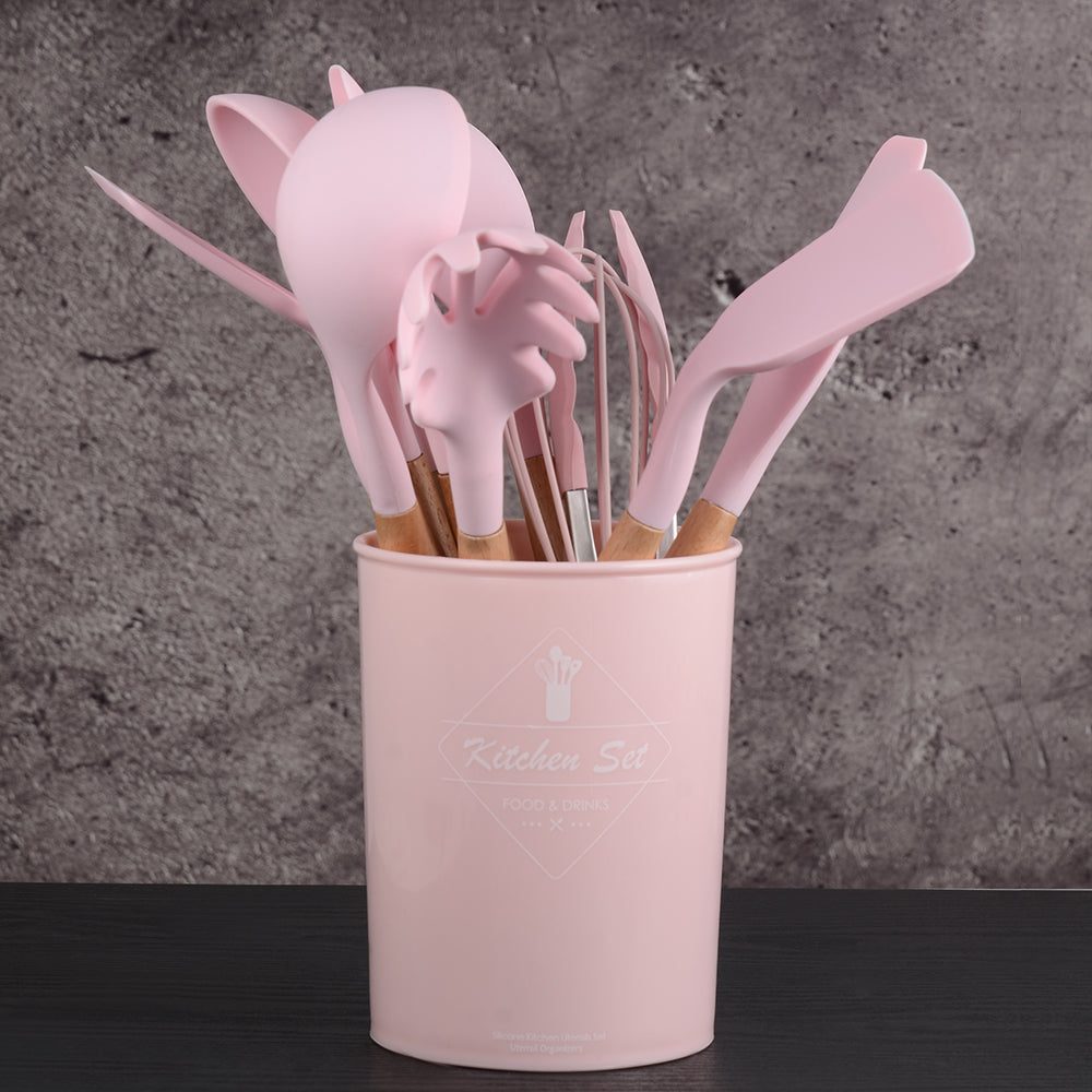12-Piece Silicone Kitchen Set - Wooden Handles, Scratch-Resistant Baking Tools in Nylon Case, Perfect Home Kitchenware