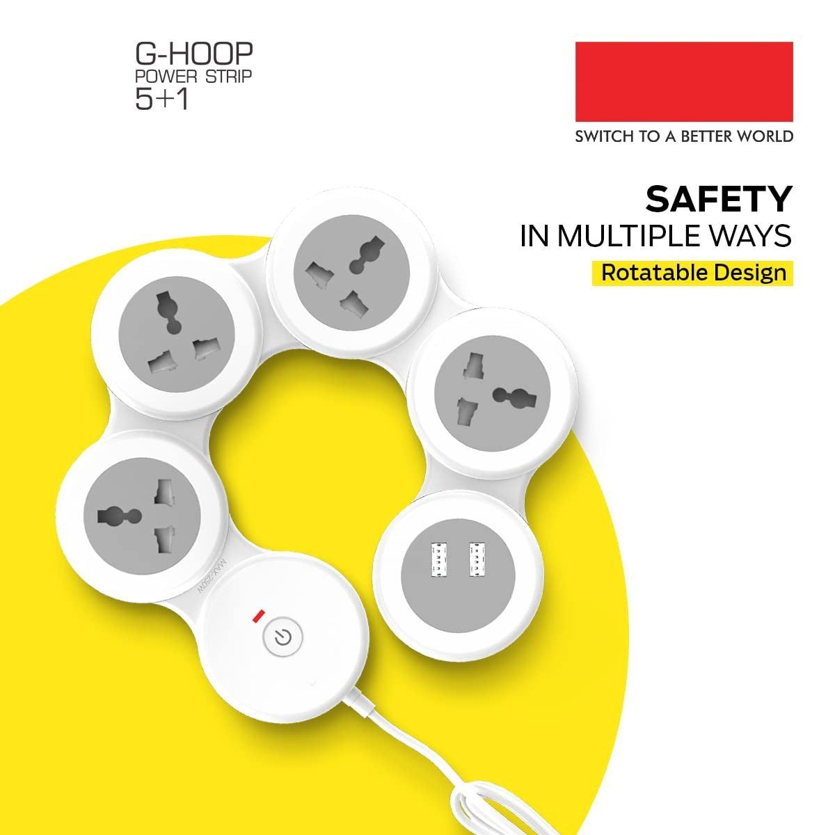 3276 Cuba Power Strip with 2 USB 3.1A, Master Switch, 4 International Sockets, Safety Shutter, 1.8 m Cable – Ideal for Home & Office