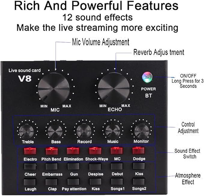 V8 Sound Card for Live Streaming | Voice Changer Sound Card with Effects | Bluetooth Audio Mixer for Music Recording, Karaoke, Podcasting | 1200mAh Battery for Cell Phone, iPhone, PC, Type-C