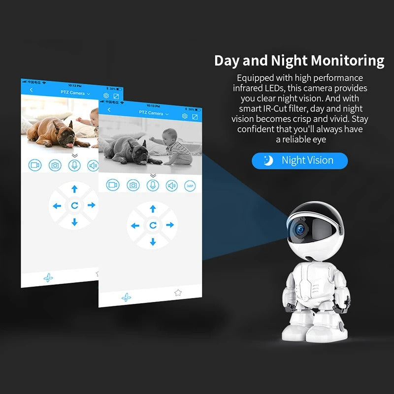 1080P Robot Camera – 360° IP Security Camera with APP WiFi, Night Vision, Auto Tracking, and Baby Monitor Features