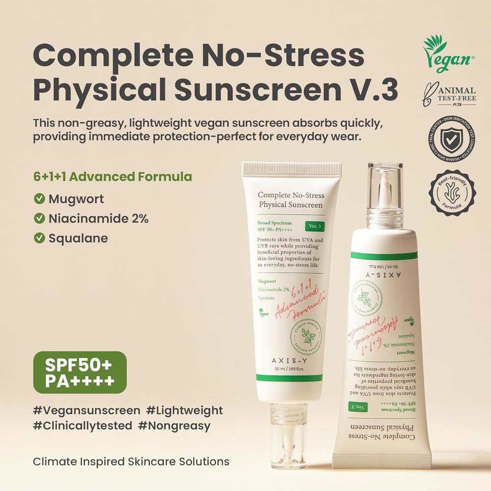 AXIS-Y No-Stress Physical Sunscreen V3. SPF 50 mineral sunblock with Niacinamide for sensitive, acne-prone skin. Vegan Korean skincare.
