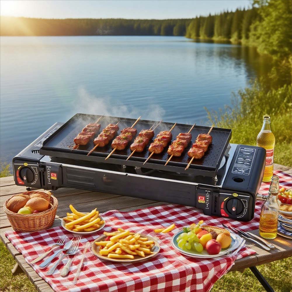 Portable Double Burner Card Stove. Windproof butane camp stove with 3-second ignition for fast outdoor cooking. Compact design.