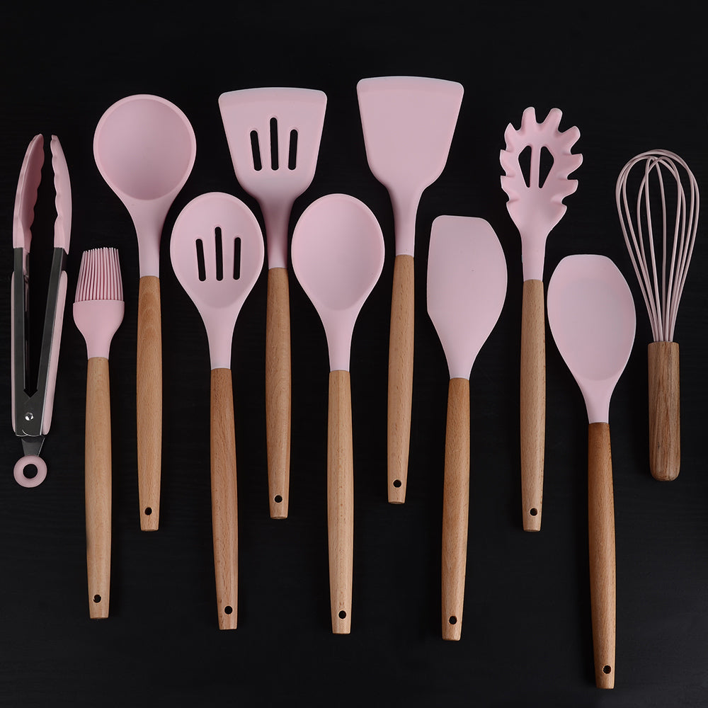 12-Piece Silicone Kitchen Set - Wooden Handles, Scratch-Resistant Baking Tools in Nylon Case, Perfect Home Kitchenware