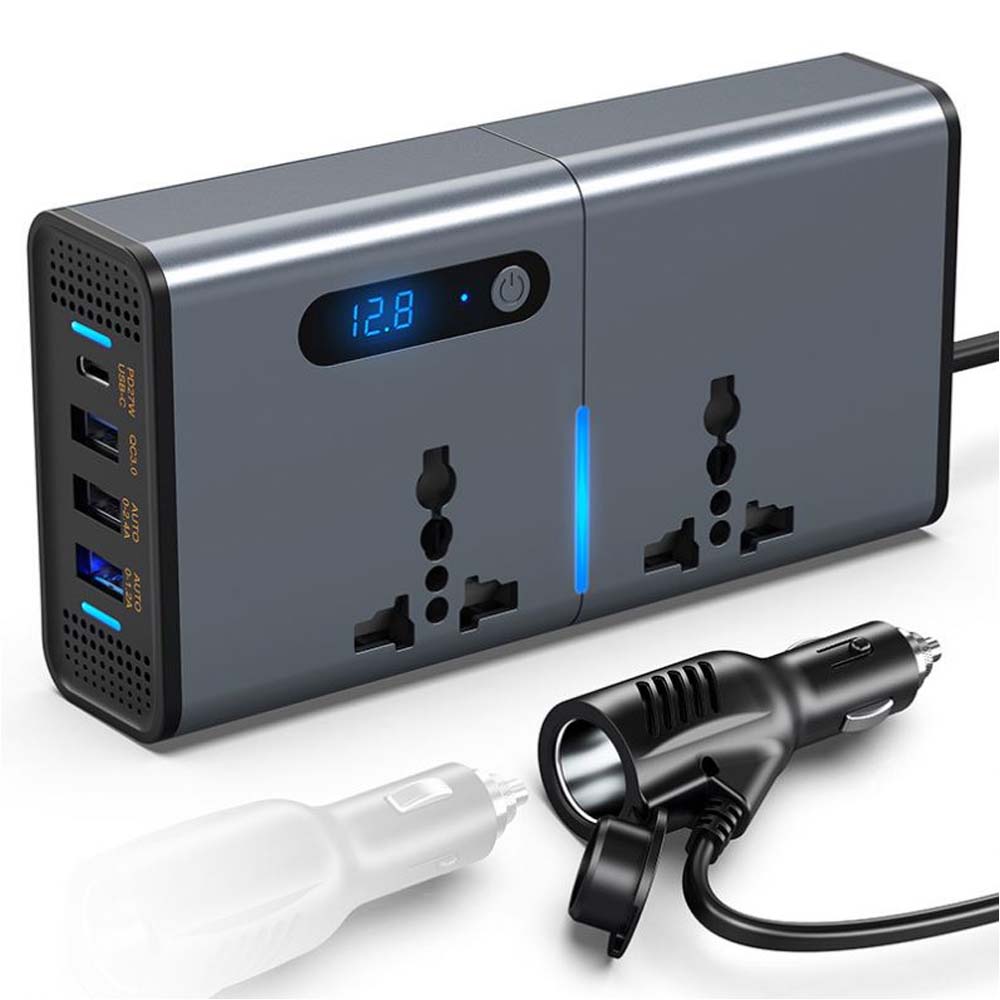 200W Universal Socket Power Inverter DC to AC Converter – 12V/24V Car Inverter with USB Charging Ports for Phones & Tablets, Multi-Purpose Charging