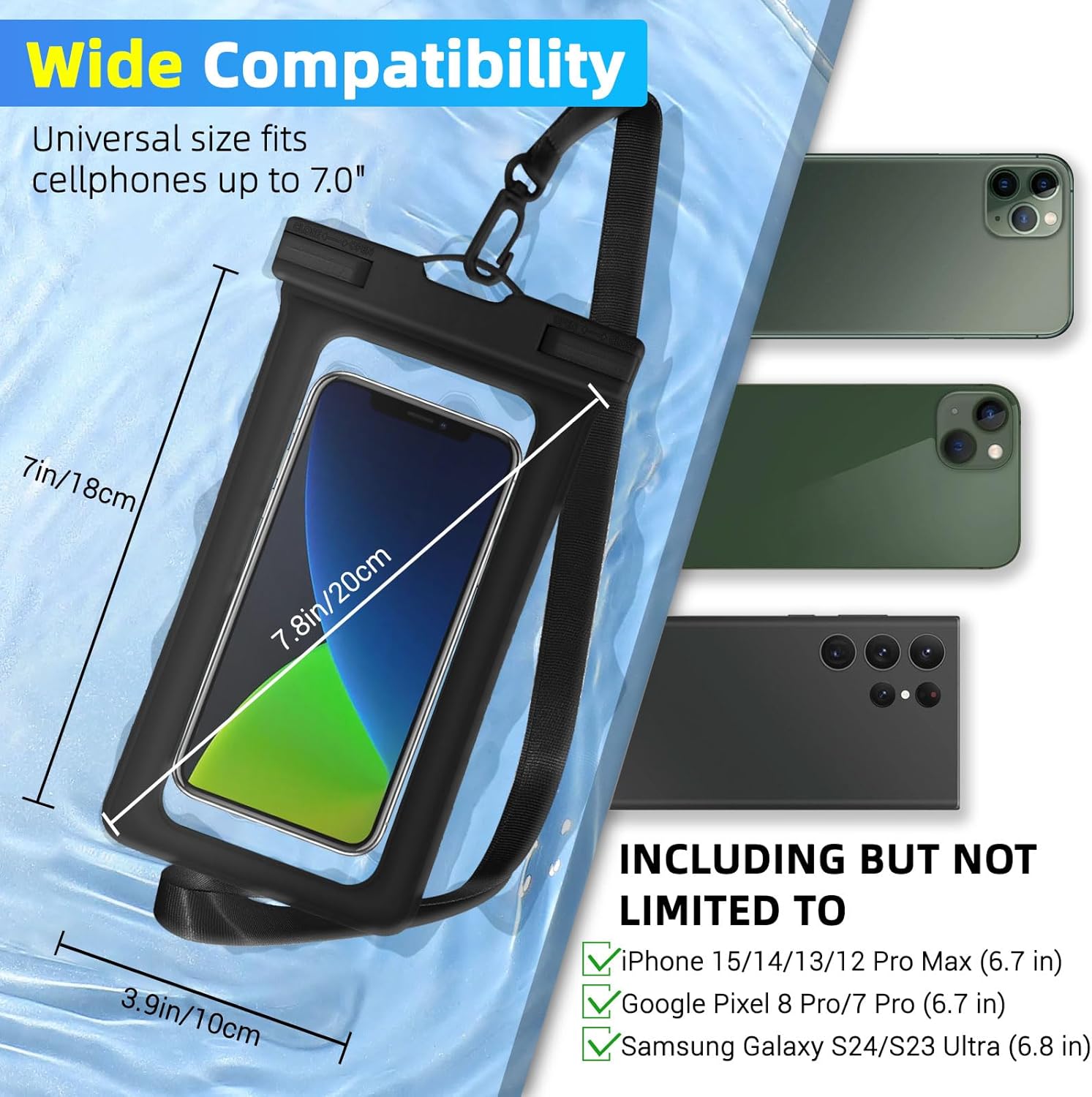 Waterproof Phone Pouch, IPX8 Waterproof Cell Phone Case for All Mobile Phones, Essential Dry Bag with Touchscreen-Friendly Design for Beach, Cruise, Swimming, and Outdoor Activities