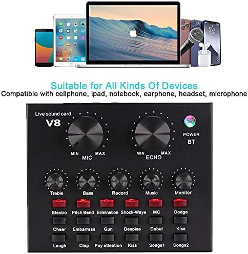 V8 Sound Card for Live Streaming | Voice Changer Sound Card with Effects | Bluetooth Audio Mixer for Music Recording, Karaoke, Podcasting | 1200mAh Battery for Cell Phone, iPhone, PC, Type-C