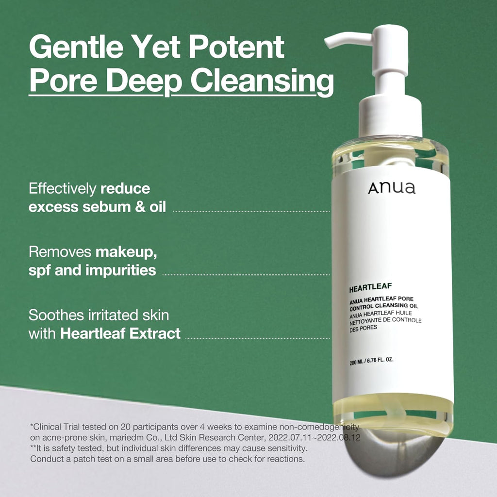 ANUA Heartleaf Pore Control Cleansing Oil. Gentle Korean oil cleanser to dissolve makeup, sunscreen & blackheads. 200ml.