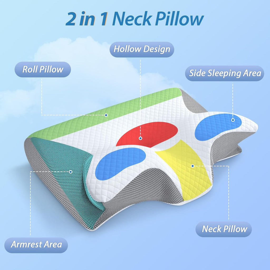 2-in-1 Memory Foam Cervical Orthopedic Pillow for Neck Support | وسادة رقبة أرثوبيدية من رغوة الذاكرة 2 في 1 لدعم الرقبة