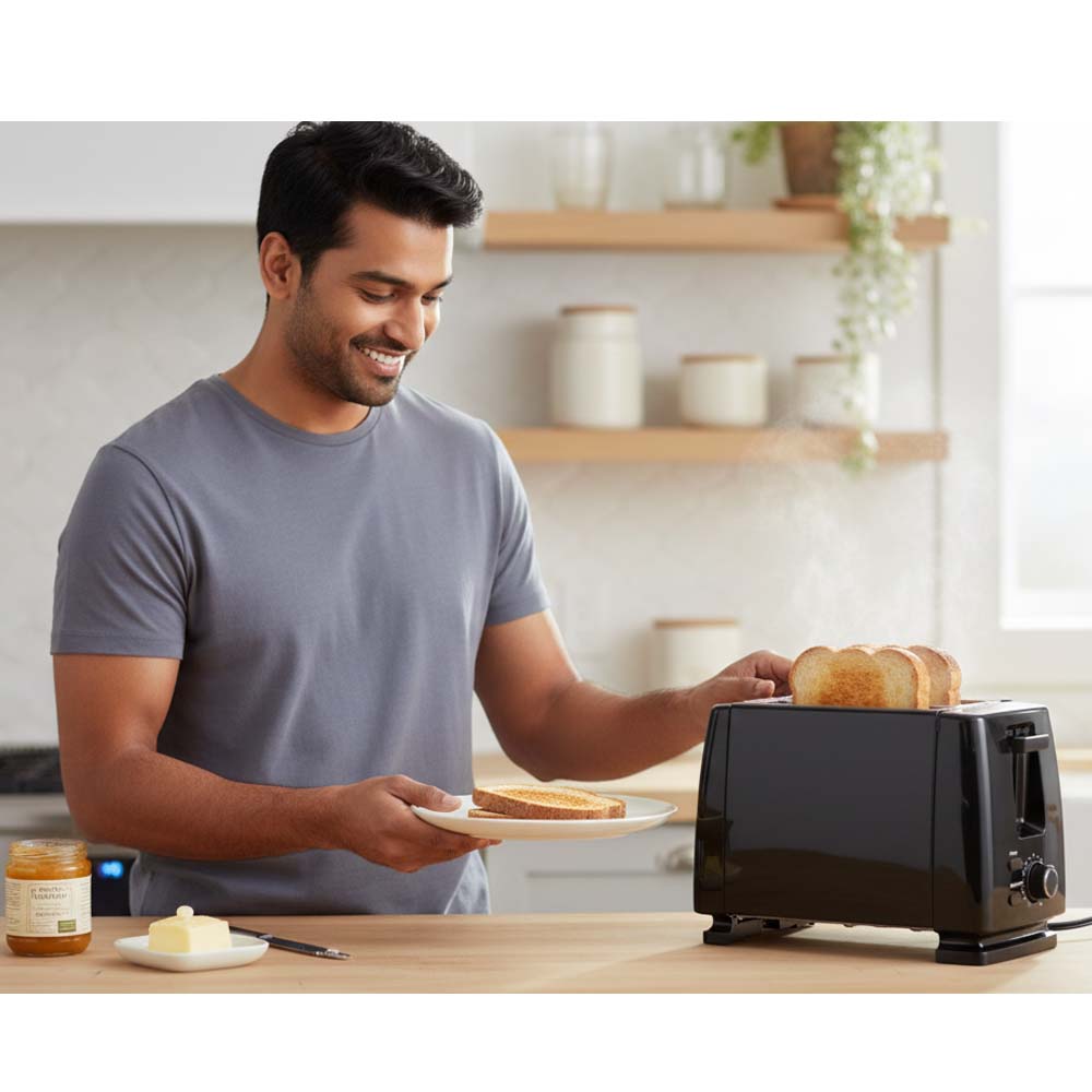 OE-505 2-Slice Toaster. Compact toaster with auto pop-up and removable crumb tray for easy cleaning. Simple & efficient.