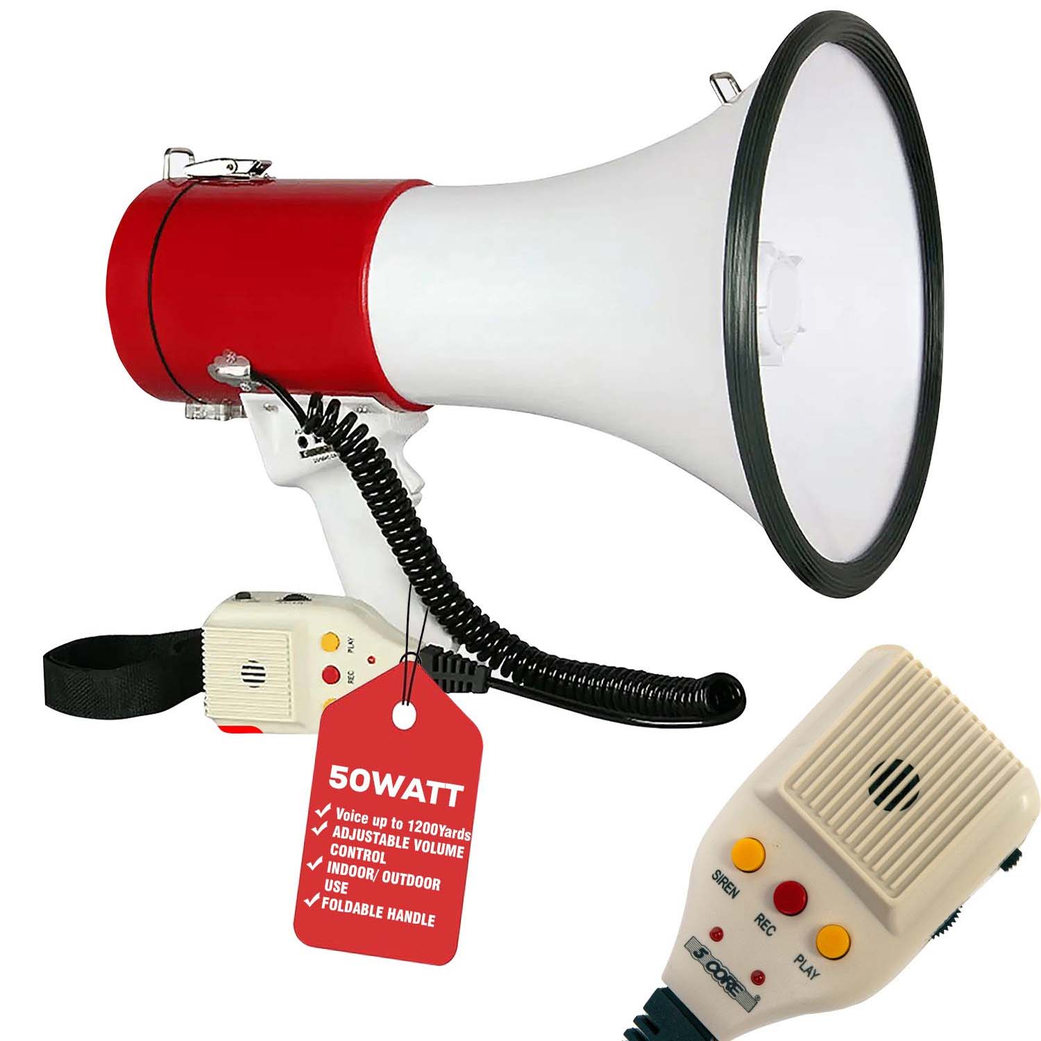 Portable Handheld Megaphone 50W high-power speaker with built-in siren & recording function for clear, long-range communication.