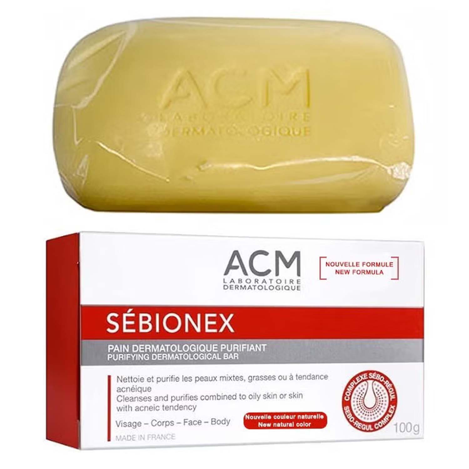 ACM Sebionex Purifying Soap. Deep cleansing bar for oily, acne-prone skin. Helps regulate sebum & prevent impurities. 100g.