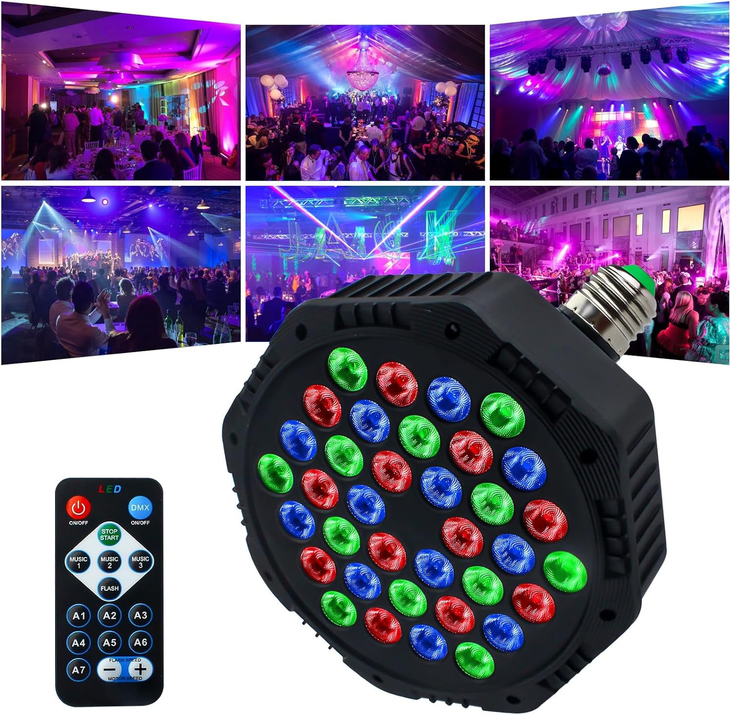 36 LED E27 RGB Party Lights with Remote - 7 Color Modes for DJ, Stage, Halloween & Christmas Decor
