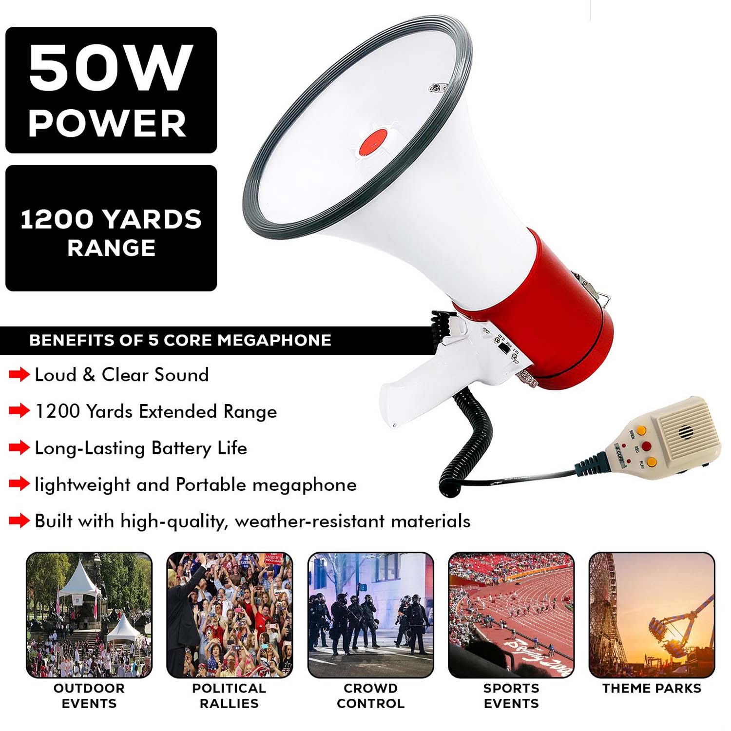 Portable Handheld Megaphone 50W high-power speaker with built-in siren & recording function for clear, long-range communication.