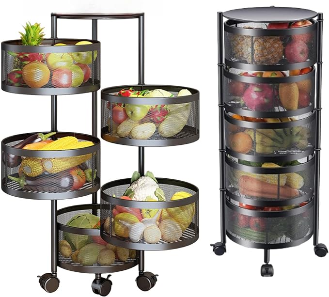 5-Tier Kitchen Storage Shelf - Rotatable Fruit & Vegetable Basket with 360° Swivel Wheels | Circular Rotating Storage Rack for Kitchen, Pantry, Bathroom, and More | Large Capacity Metal Organizer for Snacks, Spices, and Produce